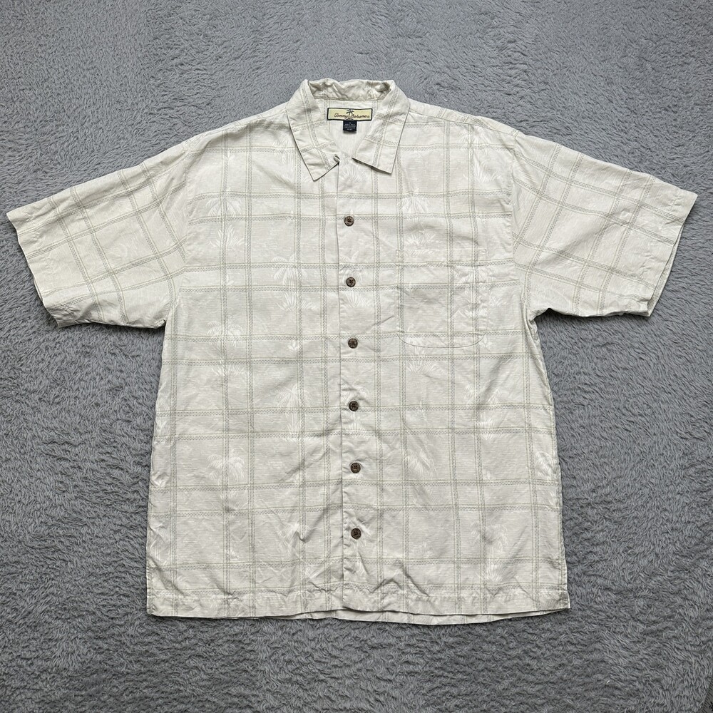 Tommy Bahama Camp Shirt Mens M Cream 100% Silk Plaid Palm Tree Loop Collar